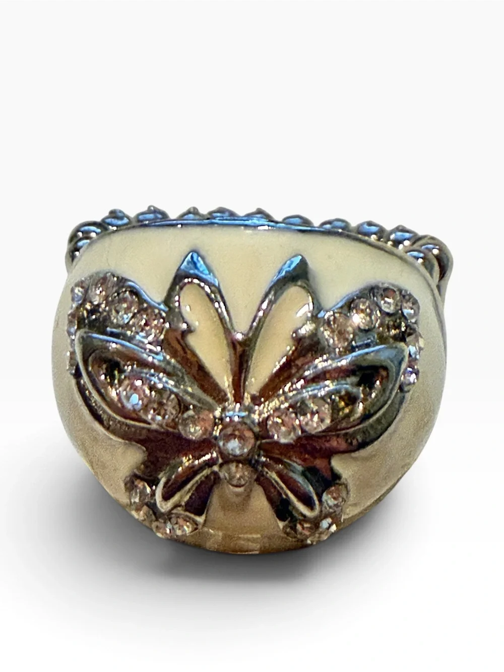 Butterfly Stretch Ring Size 8 Ivory Enamel Rhinestone Silver Tone Statement